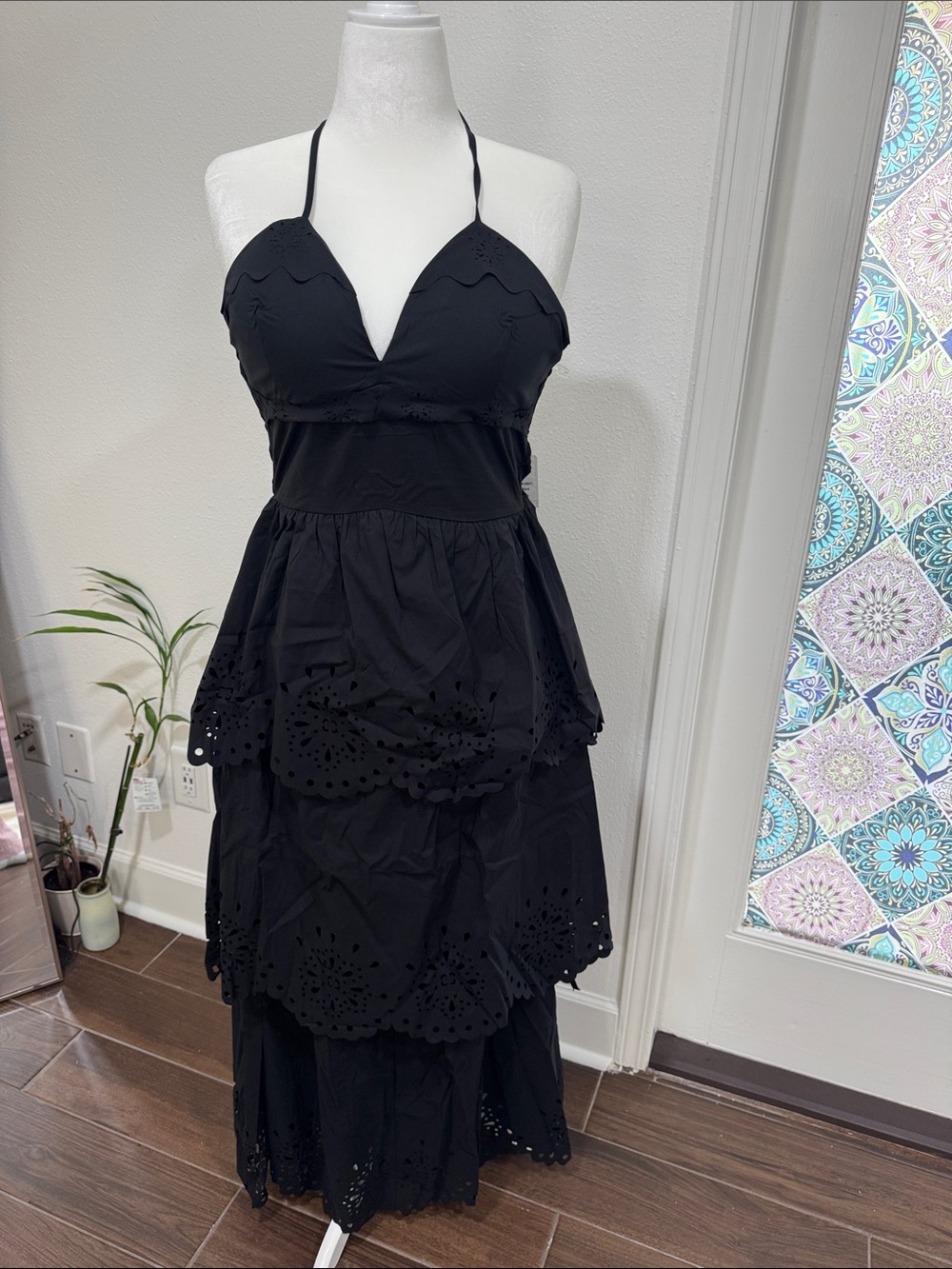 Black Halter Eyelet Tiered Maxi Dress